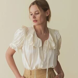 NWT Doen Kelela Silk Ruffle Collar Button Tie Blouse Top Candelight Cream